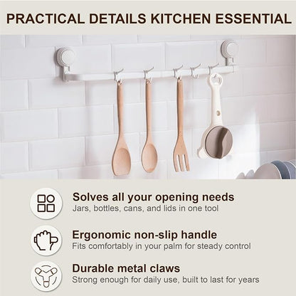4-in-1 Jar Opener for Seniors & Weak Hands, Adjustable Stainless Steel Opener for Jars, Beer Bottles, and Salad Dressing – Easy-Grip Kitchen Tool (White)