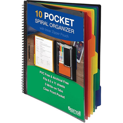Samsill Spiral Folder Organizer - 5 Dividers & 10 Pockets with Zipper Pouch, Multi Pocket Color Cordinated Folder Binder with Customizable Tabs, Document Organizer (Basic)