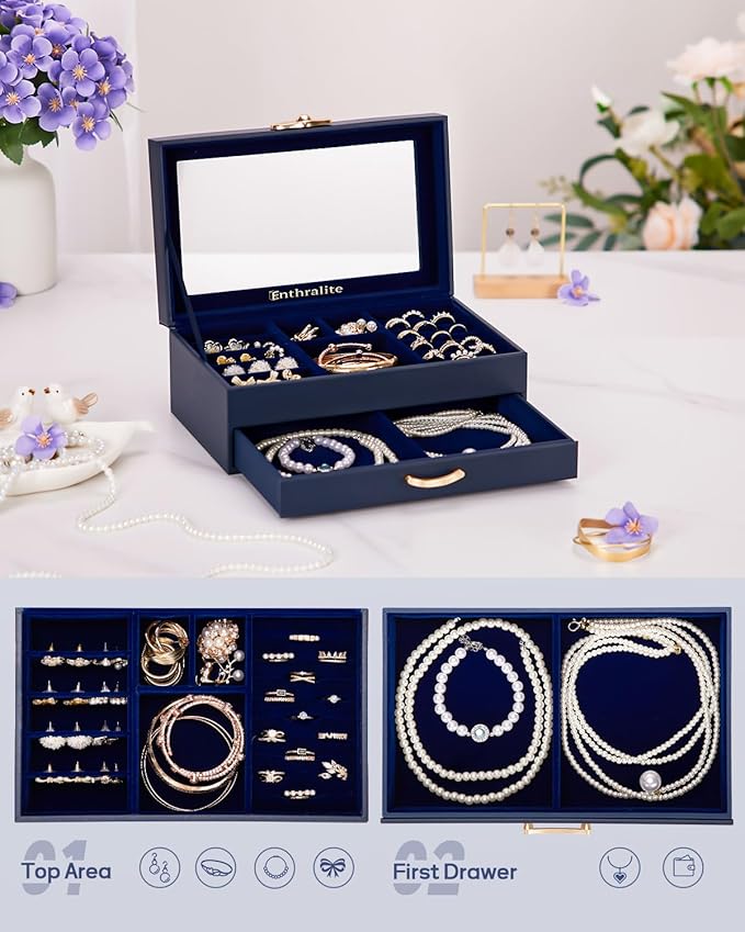Jewelry Box with 1 Drawers: Display Organizer for Earrings Necklaces - Gifts for Girls Women (Dark Blue)