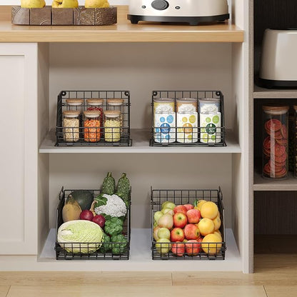 2-Tier Stackable Wire Baskets for Counter, Potato and Onion Storage Bin, Fruit and Vegetable Storage Bins with Ventilated Mesh，Kitchen Pantry Organizer - Wall Basket for Produce/Snack/Can, Black