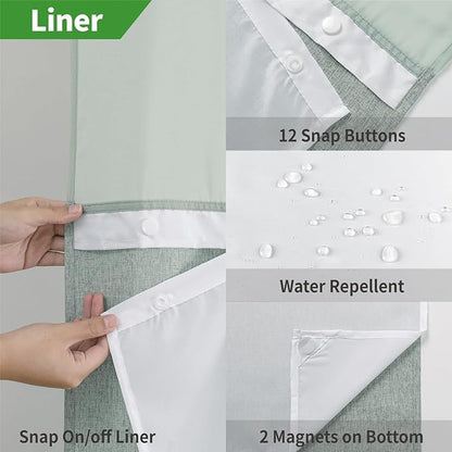 No Hooks Needed Linen Textured Shower Curtain with Snap-in Fabric Liner Set,Sage Green Hotel Luxury Decor Shower Curtains for Bathroom,Water Repellent & Washable,71Wx77H