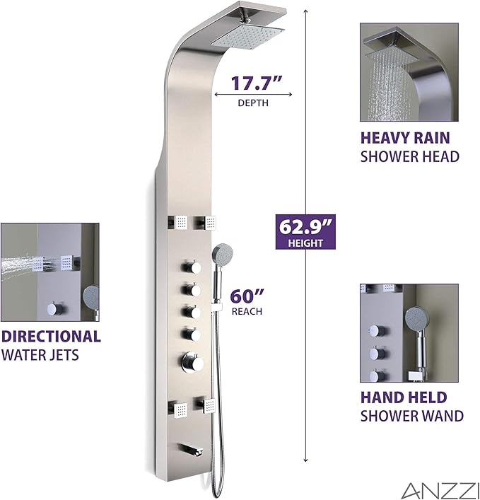 ANZZI Shower Head Panel Tower, Echo Brushed Steel Stainless Steel Metal, 4 Turbo Jetted & Multi Functional, High Pressure Jet + Rainfall + Handheld Wand Attachment Combo, Wall Mount (SP-AZ022)