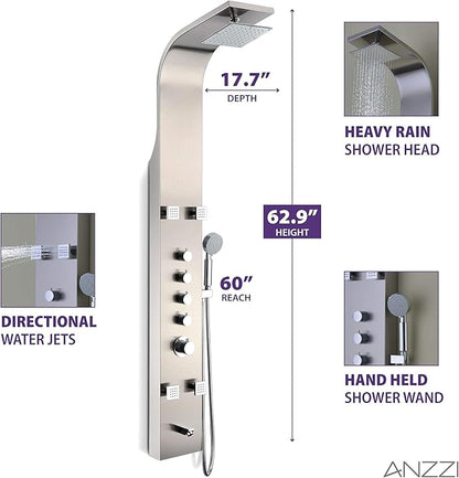 ANZZI Shower Head Panel Tower, Echo Brushed Steel Stainless Steel Metal, 4 Turbo Jetted & Multi Functional, High Pressure Jet + Rainfall + Handheld Wand Attachment Combo, Wall Mount (SP-AZ022)