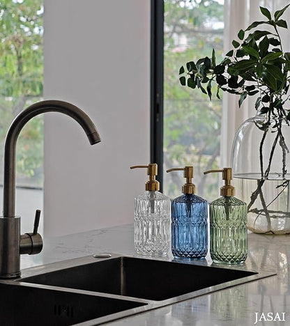 JASAI 18Oz Blue Glass Soap Dispenser with Golden Pump, Refillable Bathroom soap Dispenser with Thick Glass, Clear Kitchen Soap Dispenser for Dish Soap, Hand soap, Lotion.(Blue)