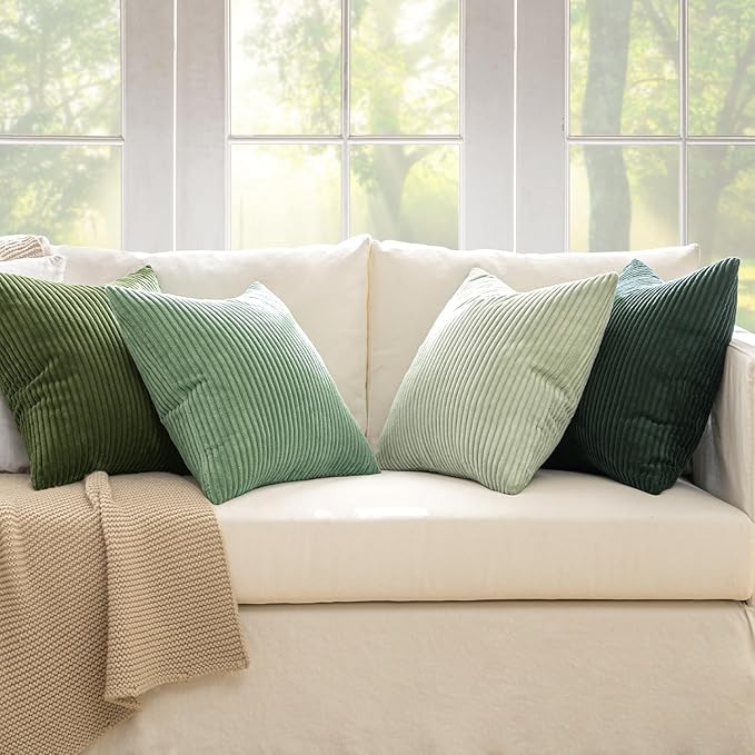 MIULEE Boho Farmhouse Sage Green Throw Pillow Covers 18x18 Inch Set of 4 Mordern Nordic Cushion Covers Soft Corduroy Spring Home Decor for Couch Bed Sofa Living Room Forest Green (Pack of 2)