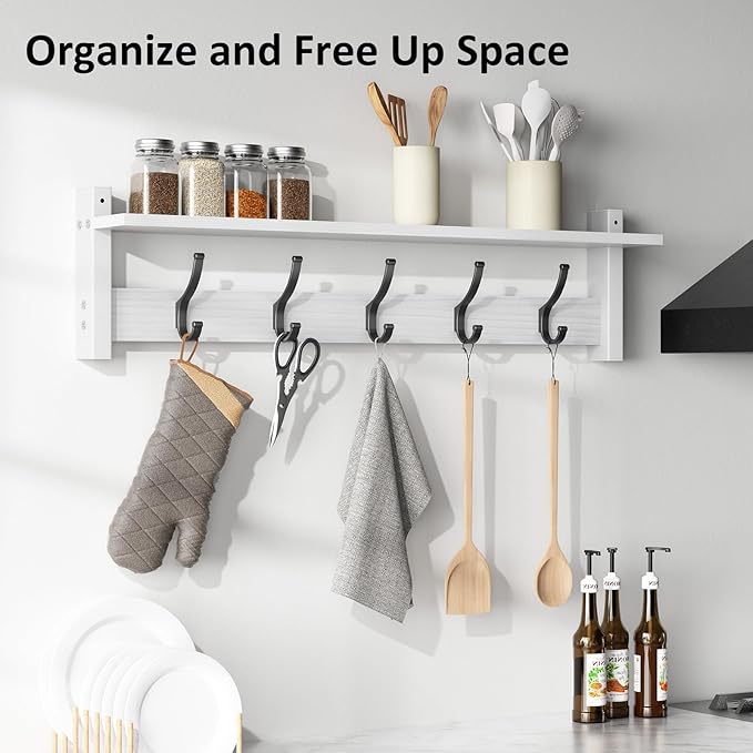 Coat Rack Wall Mount with Shelf, 29 Inch Coat Hanger Walls Mounted, Hat Rack for Walls, Shelf with 5 Coat Hooks, Wall Hanger for Entryway (White)