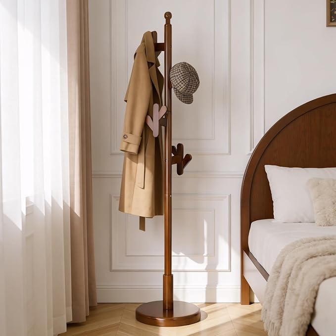 Wooden Coat Rack Freestanding, Creative Antler Hooks, Rubberwood Coat Rack Stand with Stable Round Base, Heavy Duty Coat Hanger Hall Tree for Entryway,Bedroom,Apartment/Jacket, Hat, Bag