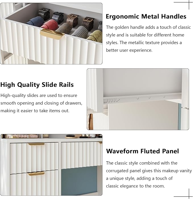 43.3" Fluted Vanity Desk with Mirror and Lights, Wood Makeup Vanity Desk with Charging Station & Mobile Mirror, Modern Dressing Table with Adjustable Shelves & Jewelry Hooks for Girls, Women, White