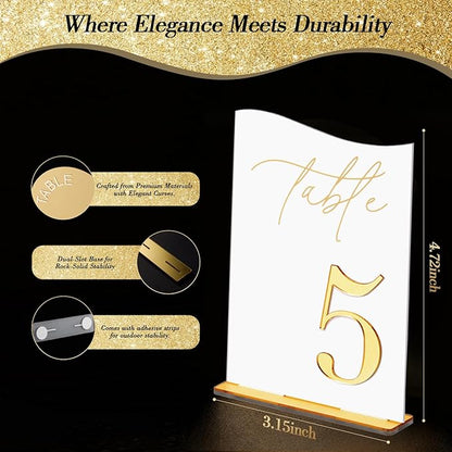 Gold Mirrored Acrylic Wedding Table Numbers Set, Self-Standing Modern Arched Signs for Reception Seating, Anniversary & Bridal Shower, Elegant Wedding Decor (5x7 Inches)