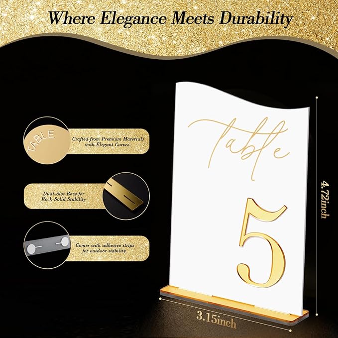 Gold Mirrored Acrylic Wedding Table Numbers 1-10 Set, Self-Standing Modern Arched Signs for Reception Seating, Anniversary & Bridal Shower, Elegant Wedding Decor (5x7 Inches)