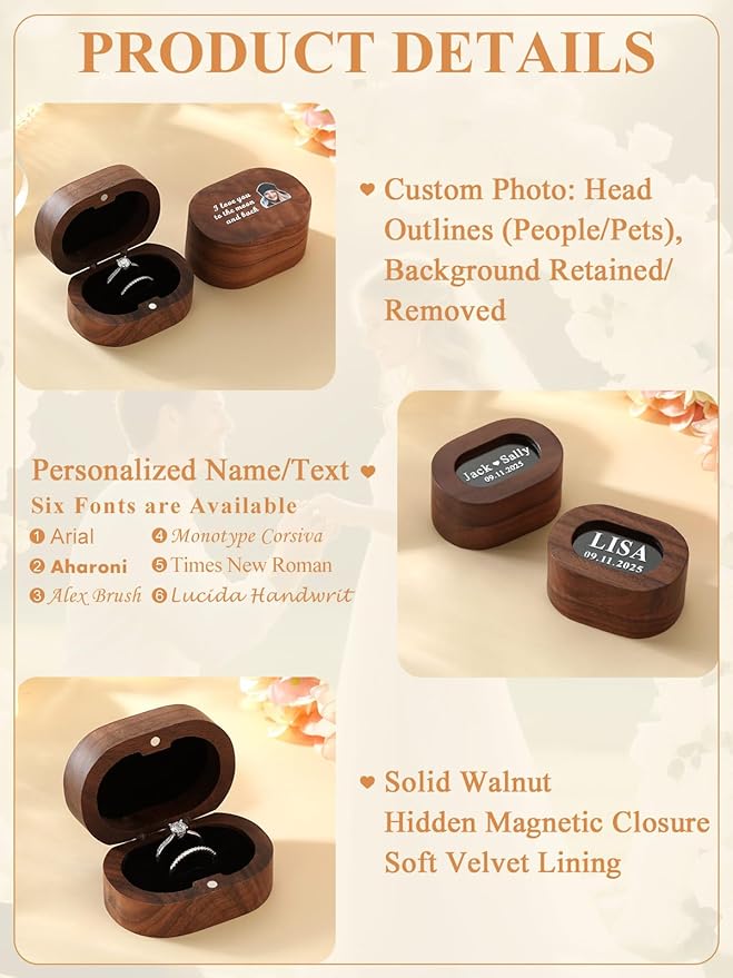 Custom4U Personalized Wooden Ring Box for Ceremony 2 Slots Engagement Ring Holder Box Vintage Wood Ring Bearer Wedding Jewelry Gift