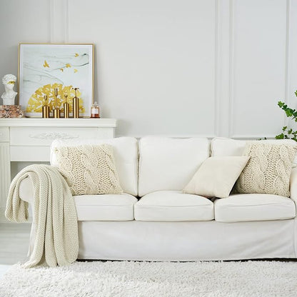 Chunky Cable Knit Throw Blanket Lightweight Cream 100% Organic Cotton Blanket for Sofa Couch Bed Baby Nursery, Rustic Shabby Chic Modern Farmhouse, 51” x 63” Give Laundering Bag