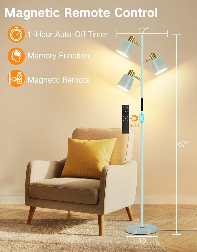 OUTON LED Tree Floor Lamp, Modern Dimmable Standing Lamp with Remote & Touch Control, 4 Color Temperatures, 3 Rotatable Lights Floor Lamps for Living Room, Bedroom, Office, Teal & Gold