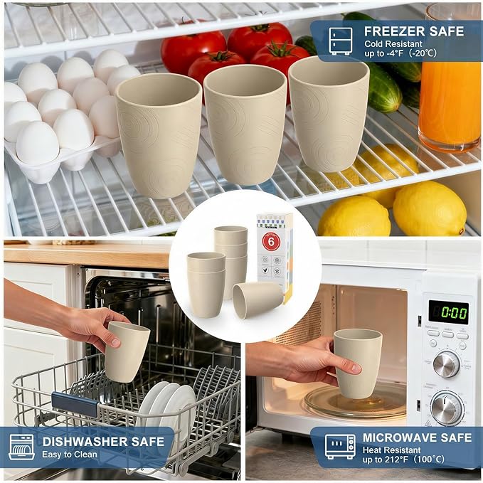 Unbreakable Wheat Straw Cups Set of 6, 12 OZ Reusable Plastic Cup Alternative, Dishwasher Safe Drinking Cups for Kitchen, Camping, Kids, Beige