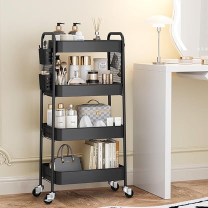 TOOLF 4 Tier Rolling Cart with Pegboard, Metal Storage Organizer Cart with Wheels, Hooks & Bins Esthetician Craft Art Sturdy Storage for Bathroom, Kitchen, Office, Nursery Diaper