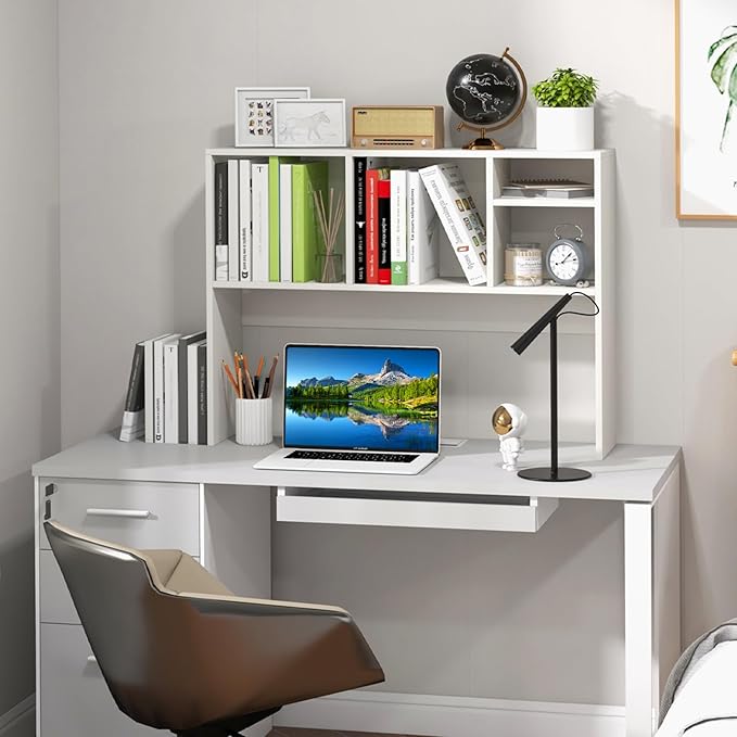 LDAILY Desktop Bookshelf, 2-Tier Office Desk Shelf Organizer with 4 Shelves, 37''L Wood Storage Rack Display Shelf for Office, College Dorm, Bedroom (White)