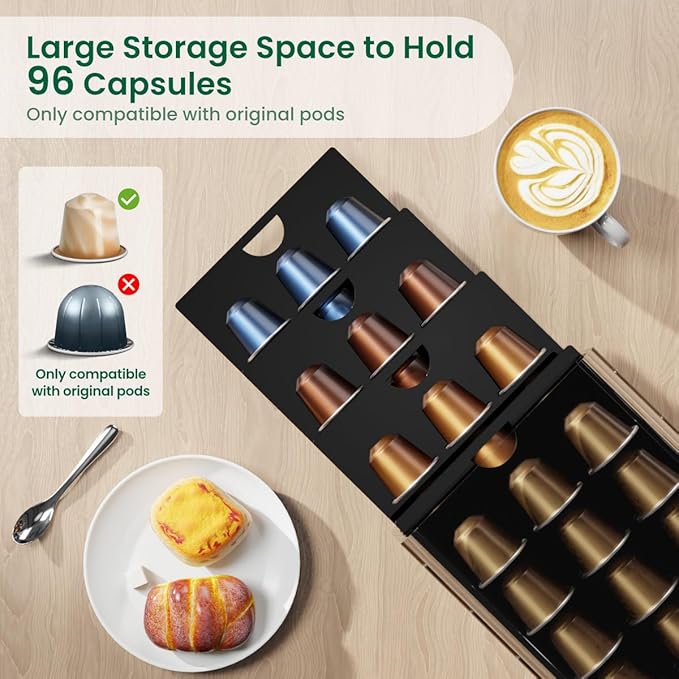 Acrylic Coffee Pod Holder for Nespresso OriginalLine Capsules, 4 Tier Organizer Drawer with 96 Pods Capacity for Countertop Coffee Bar Home Office Kitchen
