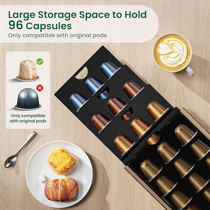 Acrylic Coffee Pod Holder for Nespresso OriginalLine Capsules, 4 Tier Organizer Drawer with 96 Pods Capacity for Countertop Coffee Bar Home Office Kitchen