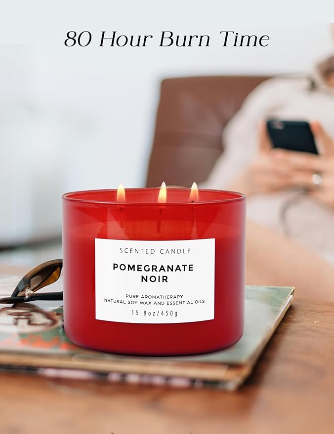 Pomegranate Noir Vanilla 3 Wick Candle | Highly Scented Natural Soy Candle 15.8 oz | Aromatherapy Stress Relief Candle Long Lasting & Clean Burn | Luxury Relaxing Gift for Home, Women & Men