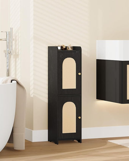 Hzuaneri Bathroom Storage Cabinet, Small Corner Floor Cabinet with 2 Doors and Adjustable Shelf, Narrow Toilet Paper Cabinets, Bathroom Organizer for Small Spaces, 7.9"D x 7.9"W x 29.5"H Rattan Black