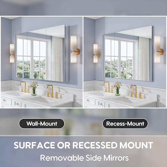 WELLFOR 52" x 36" Bathroom Medicine Cabinet with Mirror, Anodized Chrome Aluminum Frame, Surface Mount or Recessed Medicine Cabinet with Mirror, Bathroom Mirror with Storage, Three Doors