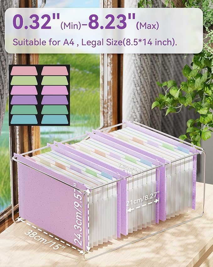 ANSOOK Wheat Straw Expanding Hanging File Folders Legal Size,1.2" Accordion Pockets File Organizer,3 Pack Filing Cabinet Folders,Large Capacity File Folder with Tabs,Purple Hanging File for Frame Box