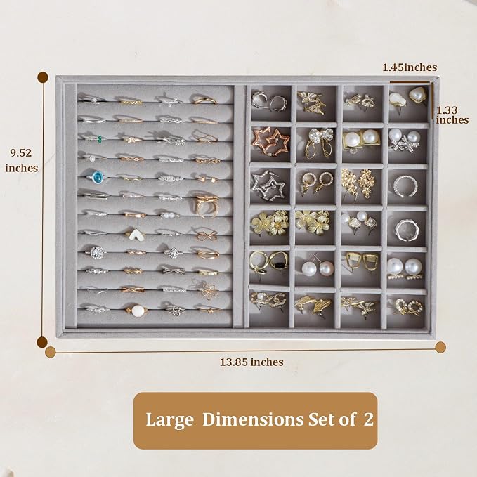 Large Velvet Jewelry Tray 2 Pack Stackable Jewelry Display Drawer Inserts Trays Organizer for Earring Bracelet Necklace Ring (Gray, Ring and 24 Grids)
