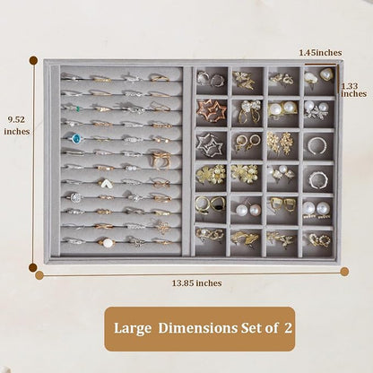 Large Velvet Jewelry Tray 2 Pack Stackable Jewelry Display Drawer Inserts Trays Organizer for Earring Bracelet Necklace Ring (Gray, Ring and 24 Grids)
