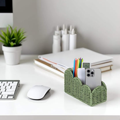 CubesLand Scalloped TV Remote Control Holder Bedside Candy Organizer, Office Desk Storage Organizer Accessories, Pen Pencil Cup, Makeup Brush Holder, Fits Farmhouse Rustic Decor, Earth Friendly, Green