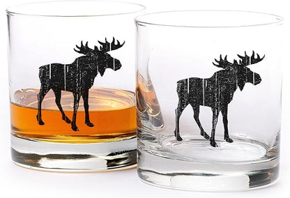 Rustic Moose Whiskey Glass Set by Black Lantern – Set of 2 11oz Heavy Base Old Fashioned Glasses | Forest Tumblers with Gift Box