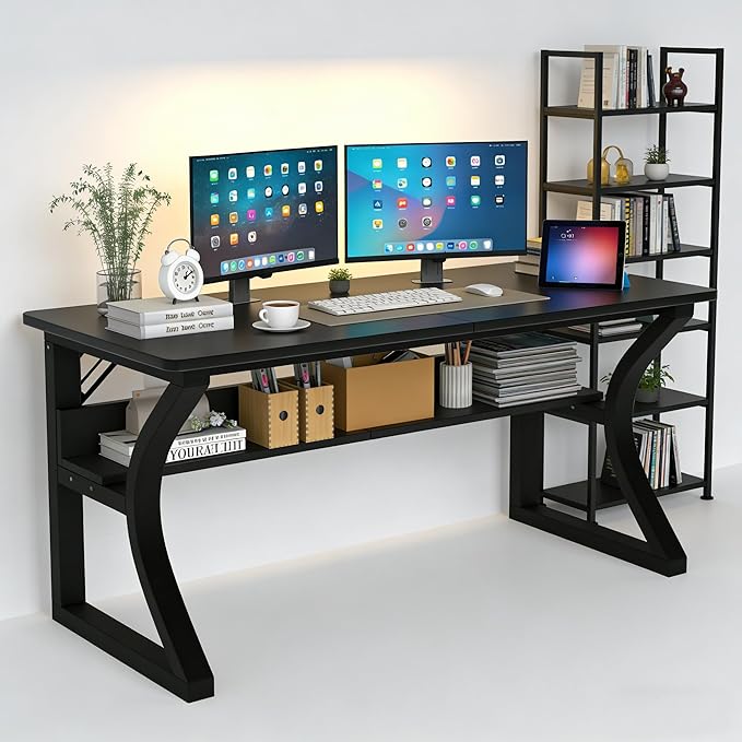 Computer Desk 47/55 Inch Home Office Desk with Storage Shelf & Cable Management, Wide Work Desk with Metal Legs for Home Office Study Bedroom (Black-47inch)