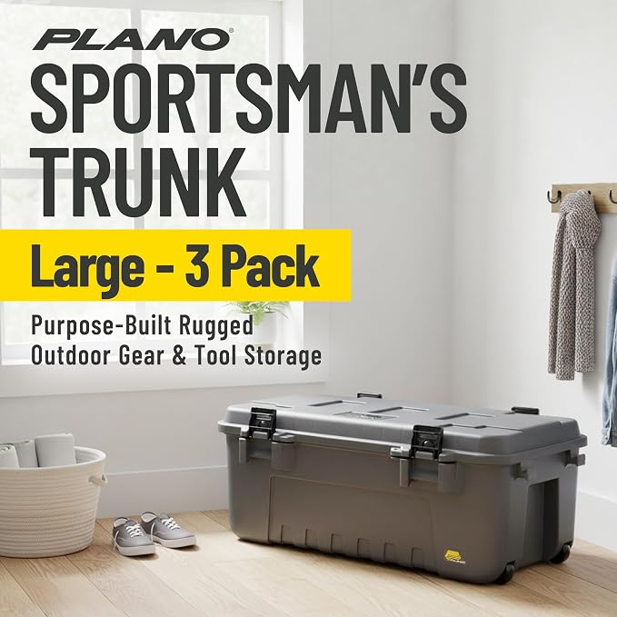 Plano 3 Pack Storage Trunk with Wheels, Gray, Lockable Storage Box, Airline Approved Sportsman Trunk, Hunting Gear and Ammunition Bin, Heavy-Duty Containers for Camping, 108-Quart