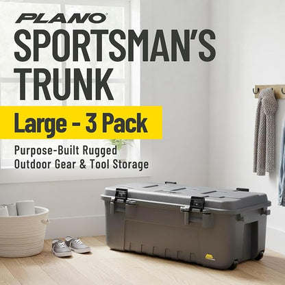 Plano 3 Pack Storage Trunk with Wheels, Gray, Lockable Storage Box, Airline Approved Sportsman Trunk, Hunting Gear and Ammunition Bin, Heavy-Duty Containers for Camping, 108-Quart