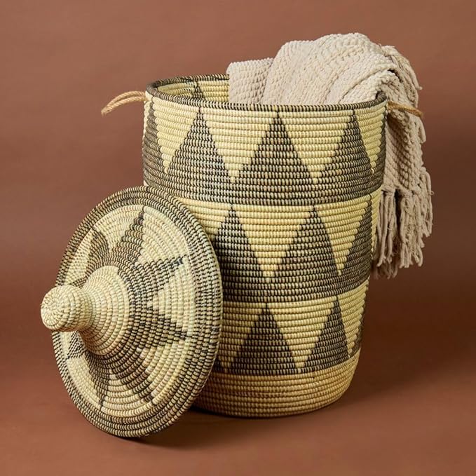 Tall Large Decorative Black Woven Wicker Basket, Organizing, Laundry Hamper, Toys Bin, Blanket Storage, Home Decor, Bedroom, Living Room, Nursery, Kids Room, With Lid, Handles