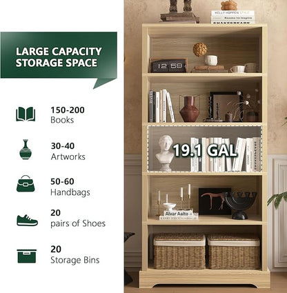 TVU 5-Tier Wooden Bookshelf, 65" Tall Farmhouse Style Open Bookcase, 31.5" W Standing Book Shelf with Storage, Suitable for Study, Living Room, Office, Natural Wood Color