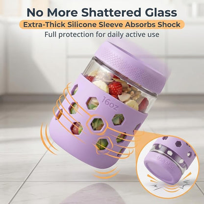 6-Pack 16 oz Overnight Oats Jars with Lids & Silicone Sleeves - Airtight Glass Mason Jars, Food Storage, Wide Mouth Meal Prep Containers for Chia Pudding, Yogurt, Berries & Snacks (Include Spoons)