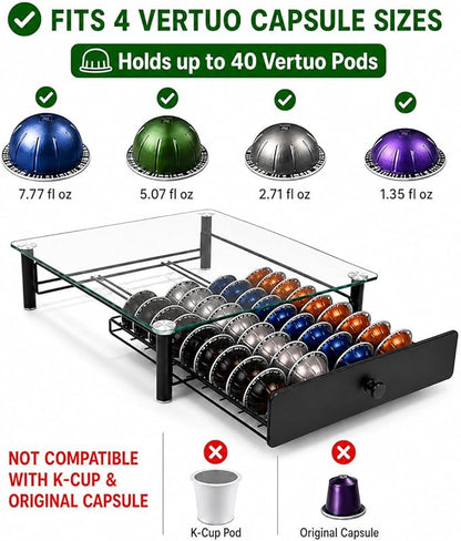 Tempered Glass Coffee Pod Drawer, Nespresso Vertuo Capsule Holder Organizer for 40 Pods, Under Coffee Maker Storage, Compatible with Vertuo Next/Plus, 14.76"x12.99"x3.5"