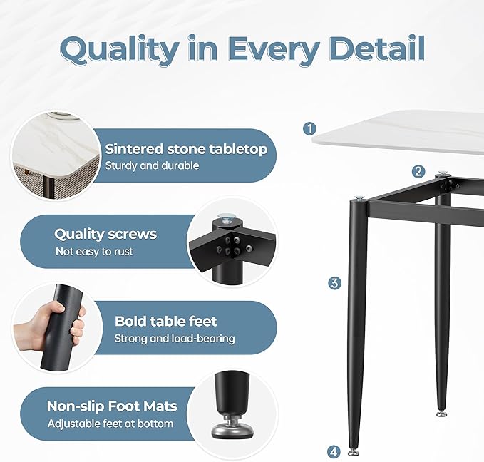 Dining Table, Sintered Stone Kitchen Table, 55'' White Modern Rectangular Slate Patio Table with Metal Legs, Indoor Outdoor Stone Dining Table for Patio, Backyard, Scratch and Heat Resistant