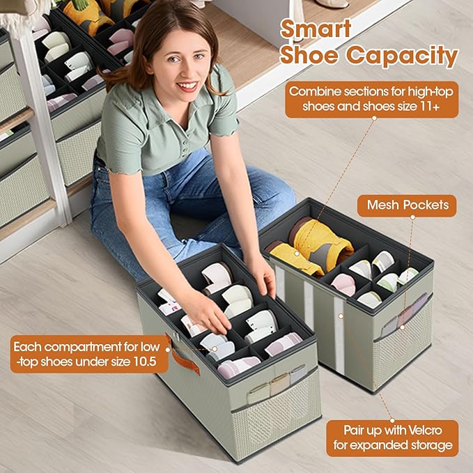 4 Pack Shoe Organizer for Closet,Foldable Shoe Storage Organizer with Adjustable Dividers, Shoe Storage Box with Clear Cover, Fits up to 16 Pairs, Gray