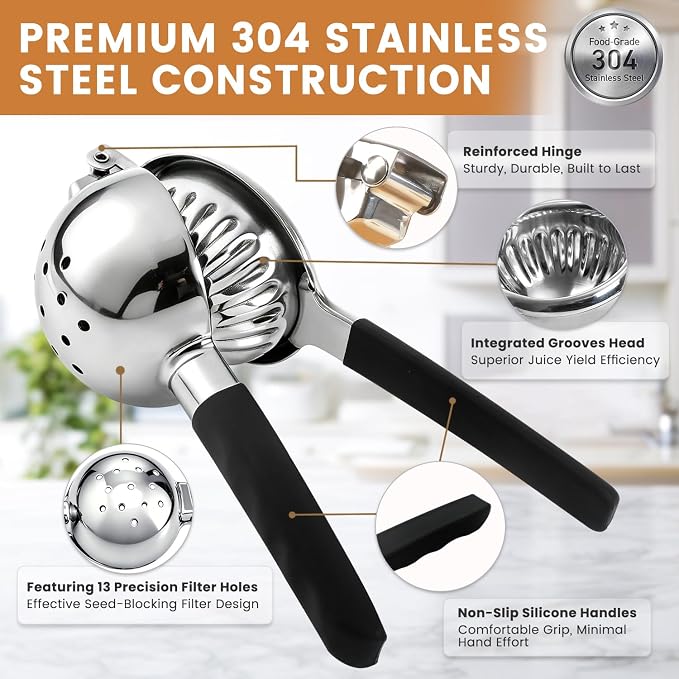 Rekix Stainless Steel Lemon Squeezer, Max Extraction Hand Press Lemon Juicer, Extra Large Orange Juicer, Manual Lime Squeezer, Handheld Citrus Fruit Squeezer for Kitchen Bar, Exprimidor De Limones