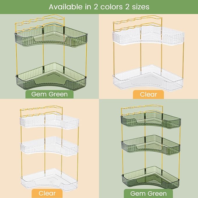 NATURE'S SOURCE Makeup Organizer for Vanity, 3-Tier Corner Bathroom Organizer Countertop with Makeup Brush Holder, Corner Counter Storage for Bathroom Dresser- Green