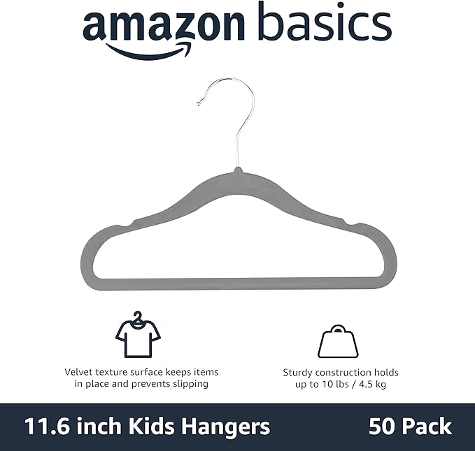 Amazon Basics Kids Velvet, Non-Slip Clothes Hangers for Infant and Toddler, 11.6 inches (for baby clothes), Pack of 50, Gray