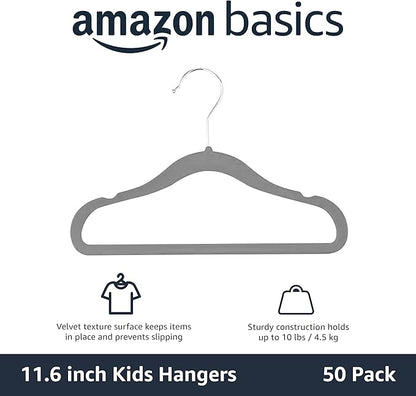 Amazon Basics Kids Velvet, Non-Slip Clothes Hangers for Infant and Toddler, 11.6 inches (for baby clothes), Pack of 50, Gray