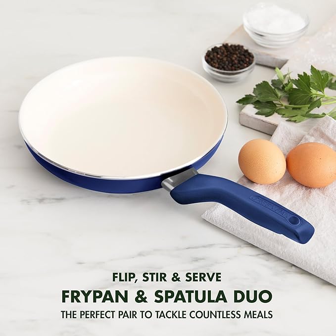 GreenPan Rio Healthy Ceramic Nonstick 8" Frying Pan Skillet and Silicone Spatula Set, Soft Grip Handle, Breaktfast Meal Set, PFAS-Free, Dishwasher Safe, Oven Safe, Oxford Blue