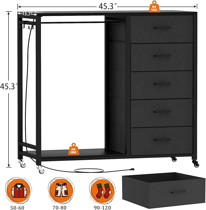 Cyclysio Dresser with Hanging Rack, 5 Fabric Drawers Dresser with Clothes Rack, Wooden Top Storage Chest of Drawers with Charging Station & LED Lights, Lockable Wheels, Closet