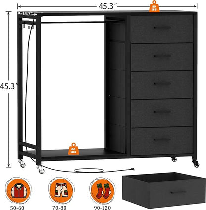 Cyclysio Dresser with Hanging Rack, 5 Fabric Drawers Dresser with Clothes Rack, Wooden Top Storage Chest of Drawers with Charging Station & LED Lights, Lockable Wheels, Closet