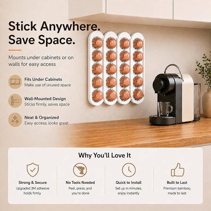 Bamboo Coffee Pod Holder, Adhesive Wall Mount (No Drilling) for Inside Cabinet Door, 20-Capsule Storage (Set of 4), Vertical & Horizontal, Compatible with Nespresso Vertuo Line-White
