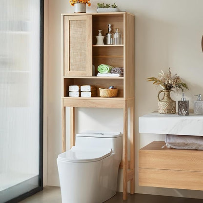 LEYAOYAO Over The Toilet Storage Cabinet with Rattan Sliding Door, 68" Tall Wood Above Toilet Bathroom Organizer w/Adjustable Shelf & Curved Profile, Space Saver Freestanding Washer Shelf, Natural