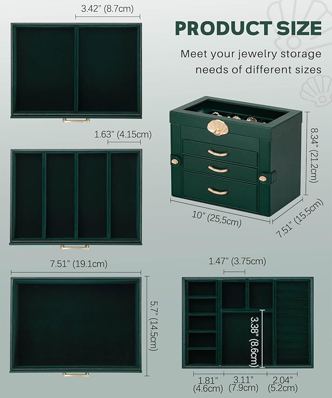 Jewelry Box with 3 Drawers: Display Organizer for Earrings Necklaces - Gifts for Girls Women (Forest Green)