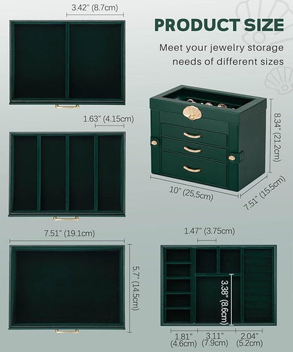 Jewelry Box with 3 Drawers: Display Organizer for Earrings Necklaces - Gifts for Girls Women (Forest Green)
